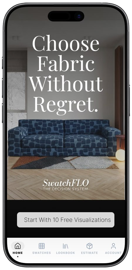 SwatchFLO home screen with blue patterned boat bench