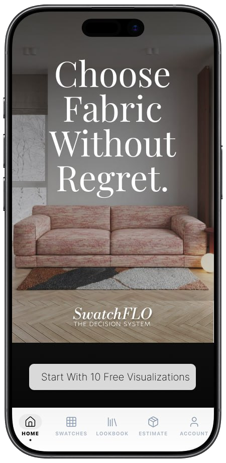 SwatchFLO home screen with blush patterned boat bench