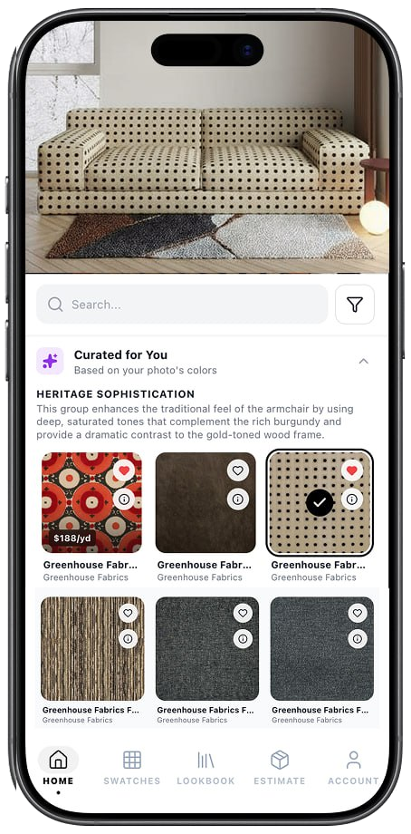 SwatchFLO app recommendations phone frame showing curated outdoor marine vinyl swatches based on a boat-seat photo